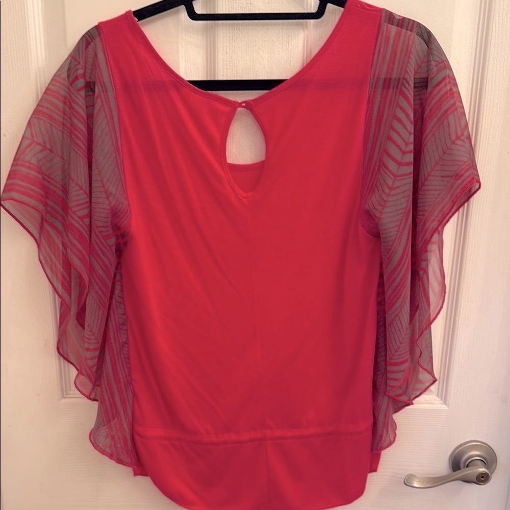 Pink Gray Sheer Flutter Sleeve Blouse by Hang Ten - Picture 2 of 8